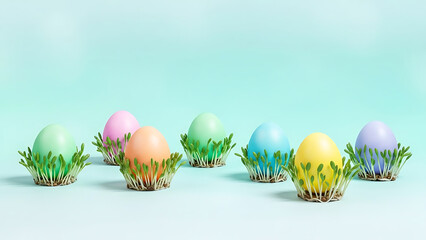 Nowruz Painted Eggs on Fresh Green Sprouts &ndash; Pastel Easter-Inspired Watercolor with Pearl to Turquoise Gradient and Ample Copy Space