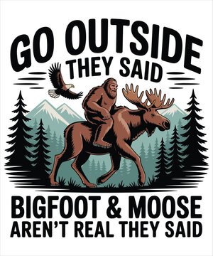 Bigfoot Riding Moose Funny Forest Mountain Adventure T-shirt Design Illustration