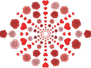Red and Pink Roses with Hearts Arranged in a Circular Pattern.