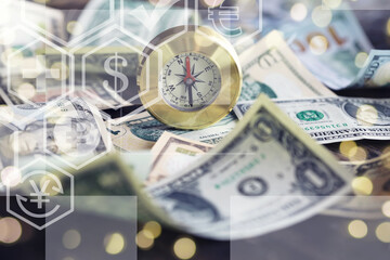 Magnetic compass. The concept of finding successful solutions to problems. Compass, map, sleeves, hands.