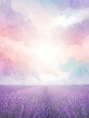 Lavender field under pastel sky with soft clouds at sunrise  