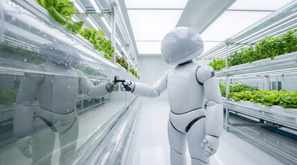 faceless robot with a clean, rounded design, checking water pipes in a futuristic indoor hydroponic facility