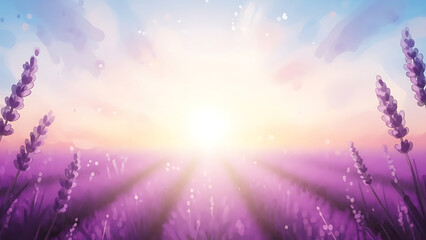 Lavender field at sunrise with soft light and vibrant colors  