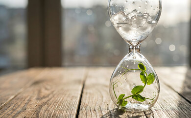 New Life and Sustainability: Plant Growing in an Hourglass