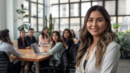 Confident Young Hispanic Businesswoman Leading Office Meeting