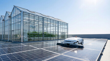 robot cleaning solar panels located next to a smart greenhouse
