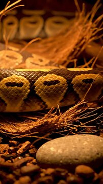 Ball Python Resting on Wood Chips and Branches in Terrarium