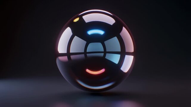 A smooth, reflective sphere sits centered, mirroring lights. The background is a gradient. The sphere is glossy and reflects colorful gradients