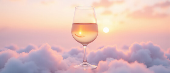 Glass of wine sits elegantly among soft clouds, illuminated by warm sunset glow, creating serene and dreamy atmosphere