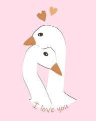 Goose Hugs couple with intertwined necks. Cute Hugging birds and hearts isolated vector illustration. Greeting Valentine day, wedding or romantic card design element