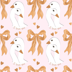 Bows and Goose in love cute seamless pattern. Cute Hugging birds background for Valentine day, wedding or romantic card design element. Vector illustration