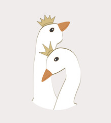 Goose Hugs couple in golden crowns. Royal geese couple. Greeting Valentine day, wedding or romantic card design element. Isolated vector illustration