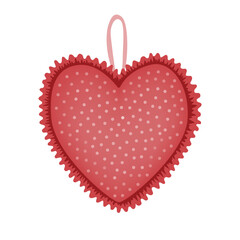 Hand made textile heart with cute ruffles, vector isolated illustration. Textile handicraft heart decoration on white background. Valentines Day design element.