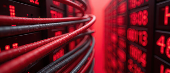 High tech server room with red illuminated cables and digital displays, showcasing advanced technology and data processing