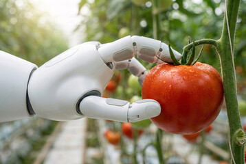 robot's smooth white articulated arm gently picking a ripe, red glossy tomato from a vine