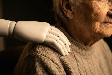 robot's smooth white hand gently resting on an elderly woman's shoulder in a gesture of comfort