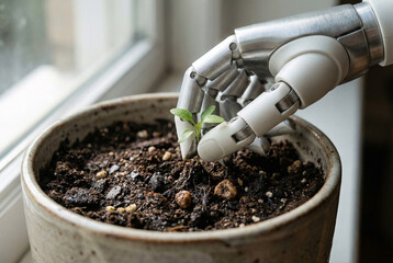 robot's smooth white hands gently placing a small green seedling into dark, rich soil