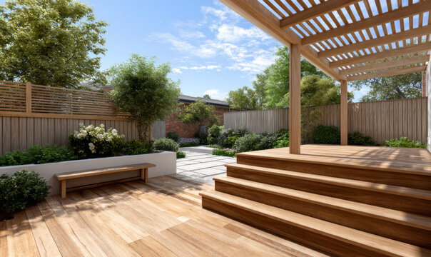 An outdoor living space has a deck, pergola, wooden bench, and nice garden.