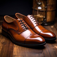Pair of polished brown leather dress shoes on a wooden surface