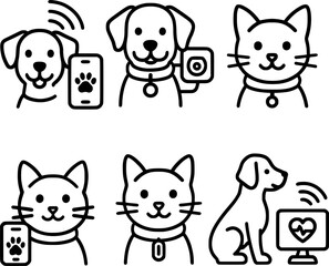 Smart pet care monitoring system vector icon set