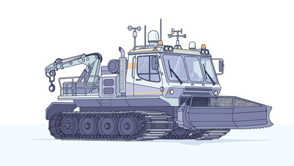Heavy tracked snowcat vehicle with plow and crane, designed for arctic exploration.
