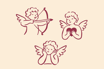 Fototapeta premium Cupid cherub icons line doodle set vector illustration