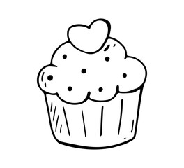Cute Cupcake with Heart Topping, Black and White Line Art Illustration