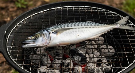 Grilled Mackerel on Charcoal Grill.