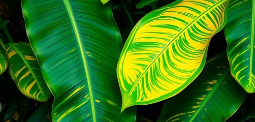 Large vibrant green and yellow variegated banana leaf, tropical foliage, foliage, photography