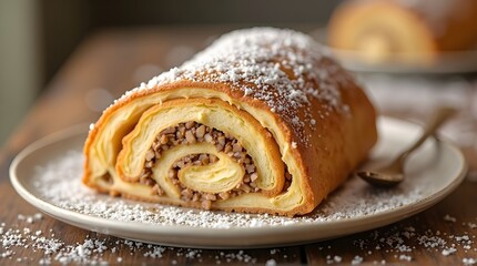 Strudel dessert served on a white plate and sprinkled with powdered sugar