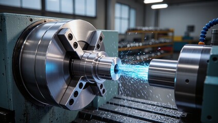 Close-up of a CNC lathe machine cutting metal part with blue light and sparks. Modern industrial manufacturing and precision engineering in a factory. High-tech automation and metalworking technology