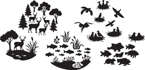 Fototapeta premium Wildlife Silhouettes in Forest and Water Ecosystem Scene