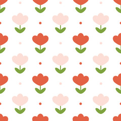 Vector seamless floral minimalist pattern with red and pink flowers on a white background