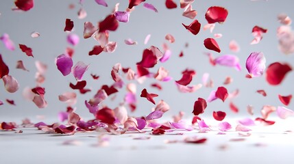 Rose petals falling against gray background pink petals red petals