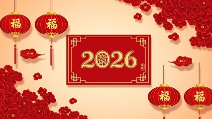 Vibrant Chinese New Year background with red lanterns and flowers for 2026