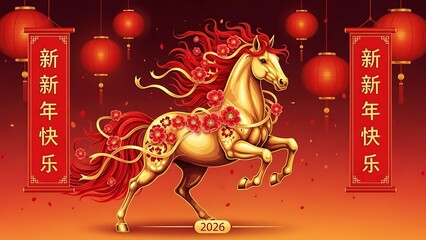 Golden horse with red flowers and lanterns for Chinese New Year