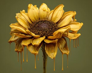 Sunflower with melting yellow petals and honey drips on dark green background