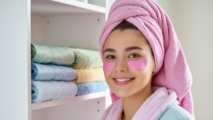 Woman with pink eye patches and towel on head doing beauty routine. Self care and facial treatment concept for spa day or home relaxation.