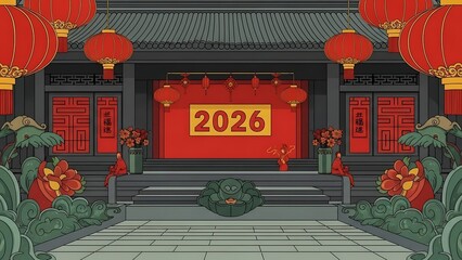 Vibrant Chinese temple entrance with red lanterns for 2026 celebration