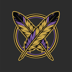 Two Crossed Feathers Emblem. © Doyez Vector
