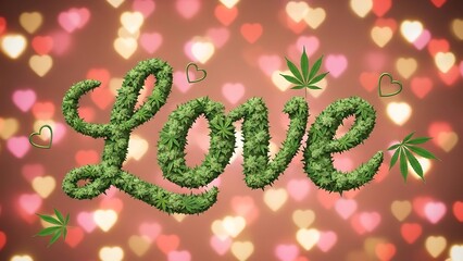 Green cannabis leaves forming 'Love' on heart background