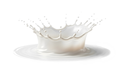 A dynamic splash of milk creates a crown-like shape with droplets flying outward, transparent background
