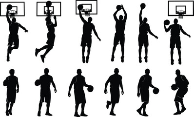 Basketball player silhouette action set, professional dunk shooting poses, dynamic sports movement, athletic performance, black vector illustration collection, design pack