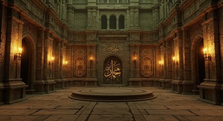 Obraz premium Royal Chamber's Antique: The grandeur of an ancient royal chamber, featuring stone walls, archways, and a captivating inscription, exudes an aura of timeless majesty.