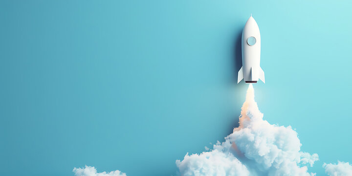 3D illustration of white rocket launching into sky through clouds on blue background, concept for startup business success and innovation

