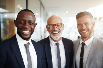 three smiling diverse multi-ethnic businessmen standing in office