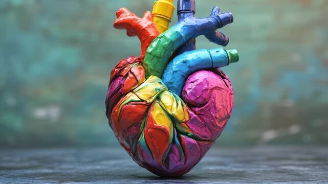 Vibrant anatomical heart sculpture rotating against artistic background
