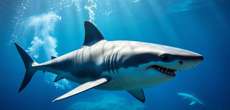 Powerful great white shark swimming underwater, marine life, water