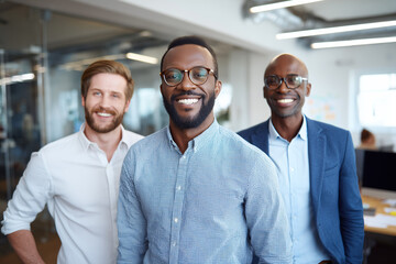 three smiling diverse multi-ethnic businessmen standing in office