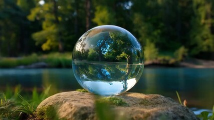 Transparent glass sphere reflecting green forest and blue sky resting on stone near calm river with soft natural sunlight and blurred background. Concept of environmental protection and harmony with n